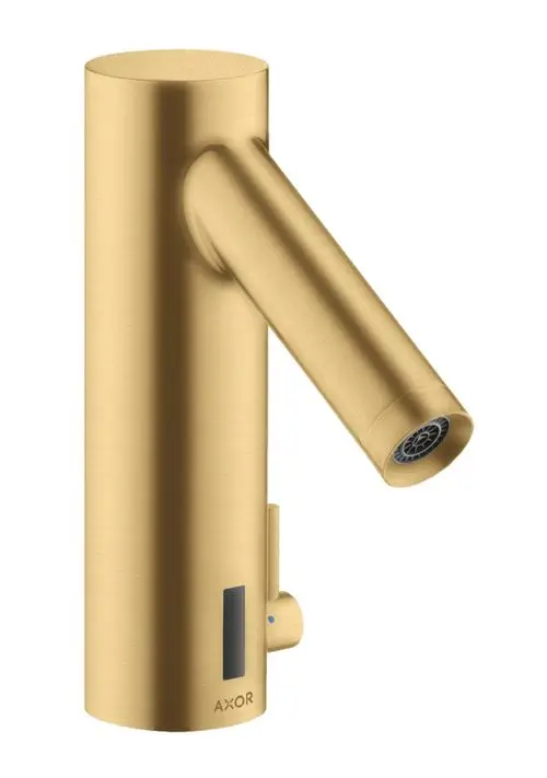 Elektronischer Waschtischmischer in brushed Gold Optik von AXOR mit einem seitlichen Temperaturregler und einer runden Auslaufdüse. Batteriebetriebene Steuerung.